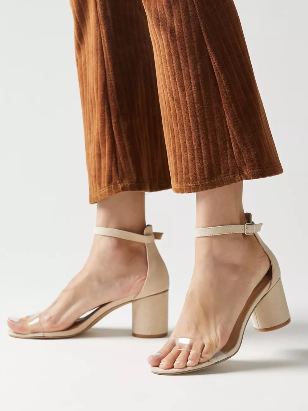 Urban Outfitters UO Michelle Clear Heel - Nude Ankle-Strap Block Heeled Sandals